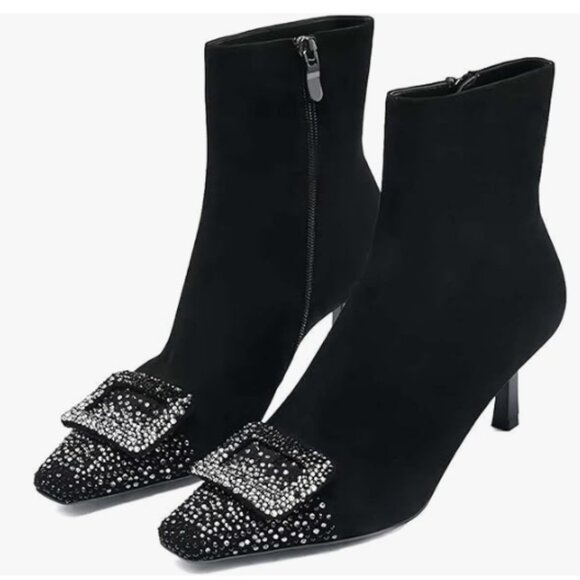 Shoes - XYD Black Bling Rhinestones Buckle Mid Heel Ankle Bootie Square Toe Fashion Shoe